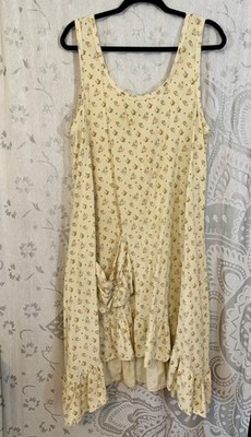 Jaded Gypsy Full Bloom Dress S/M Cream Floral Cotton Asymmetrical Ruffle Pocket 