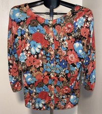 Talbots Floral Cardigan Sweater Sz Large Button Up Colorful Whimsical Preppy
