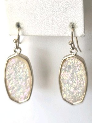 Druzy- Sparkly White Earrings- Dangling Gold Tone Fluorescent Colors 1.5 In Drop