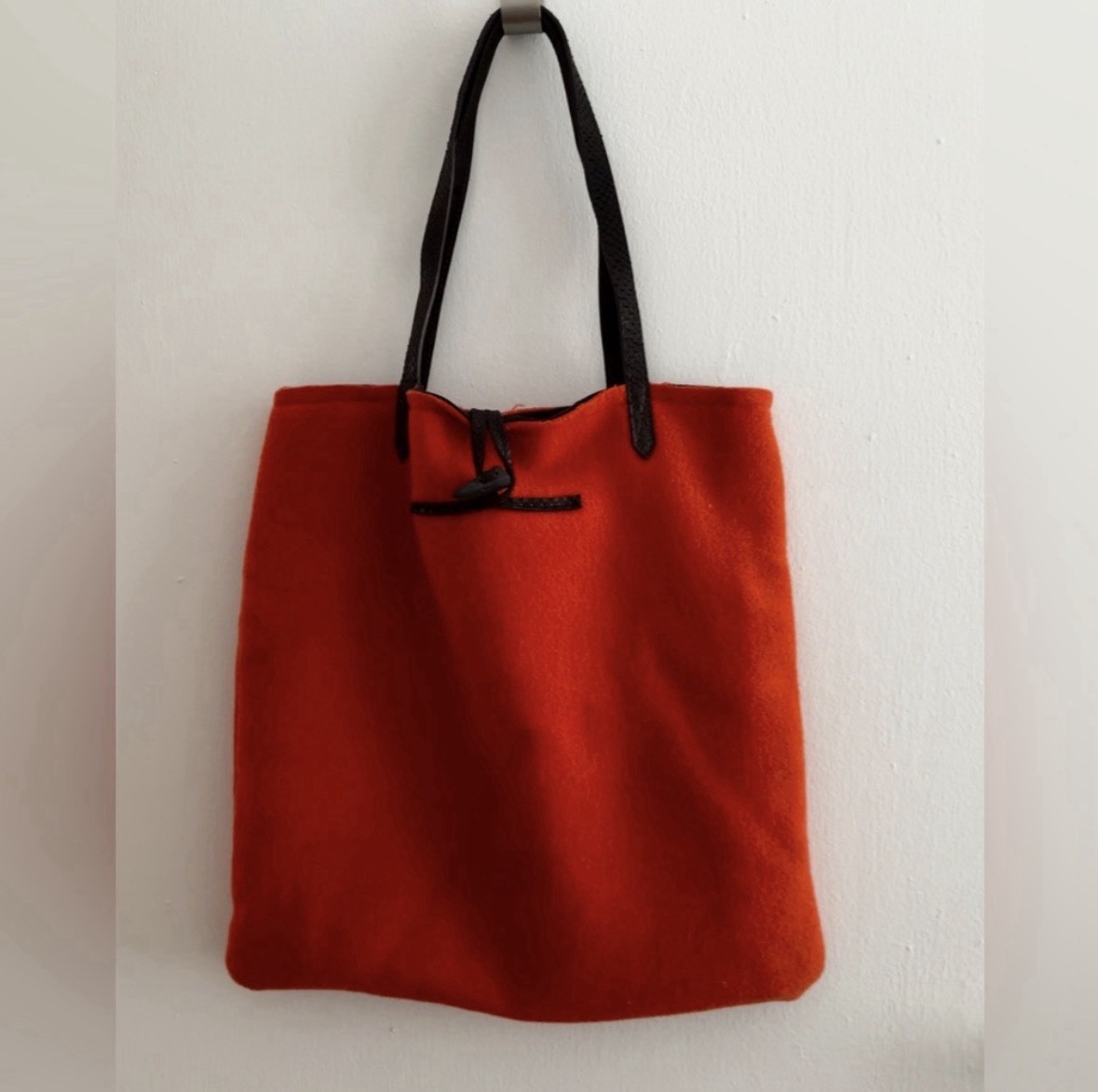 Orange Solid Tote Bag Toggle Accent Black Leather… - image 1