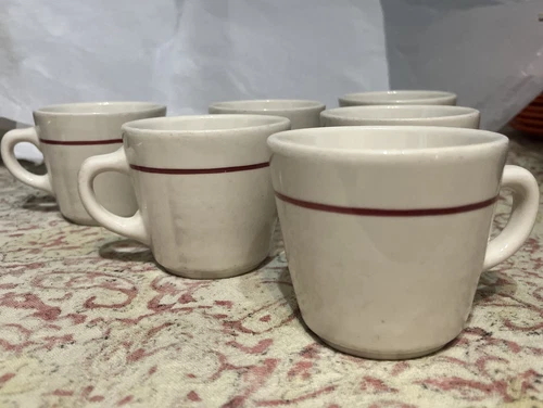6 Pcs. Vintage Homer Laughlin Red Stripe Thick 8 Oz Restaurant Ware Coffee Cups