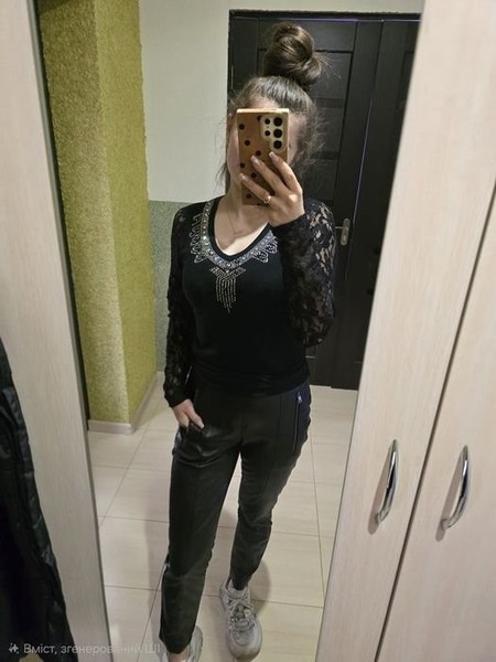 Women Trousers Black Eco-Leather 38