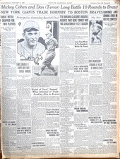 1928 newspaper page -  New York Giants trade Roger Hornsby to Boston Braves
