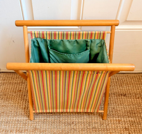 Vintage 1970s Folding Knitting Basket Wood Frame Retro Striped Sewing Caddy