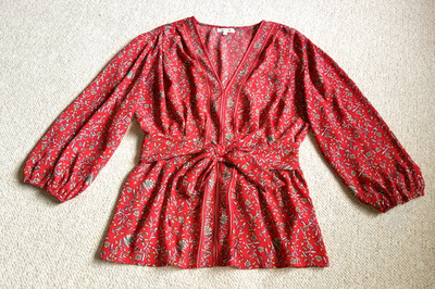 Womens Top-MAX STUDIO-red/white floral silky  3/4 balloon slv English Country-L