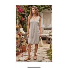 Beige 100% Linen Sleeveless V-Neck Sheath Dress Size 14 Resort Lagenlook Boho