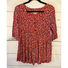 Otis Maclain Red Floral Print Babydoll Dress XS 3/4 Sleeve Gathered Waist