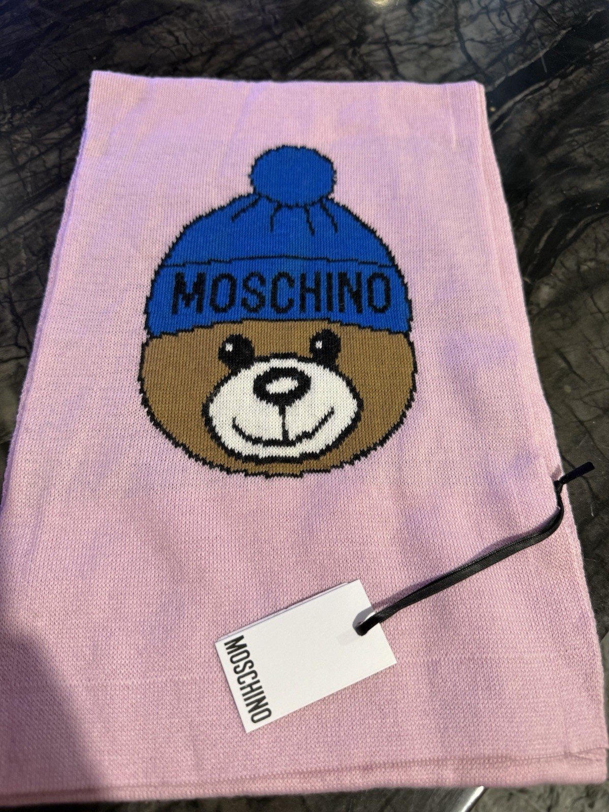 Women's MOSCHINO Pink Teddy Bear Logo Wool Blend Rectangular Scarf - RRP £85 image 4