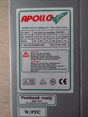 Netzteil PC 300 Watt Apollo VT-300BA-PT 20p P4 ATX Computer Gehäuse Power Supply
