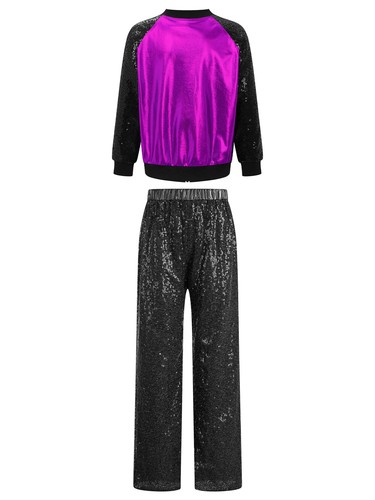 Kids Girls Dancewear Zipper Outfit Sequined Tracksuits Set Jacket Stand Collar - Picture 103 of 133