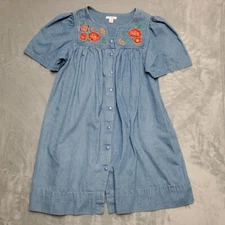 VTG Go Softly Dress Womens L Blue Denim Embroidered Floral Cottage Baby Doll Y2K