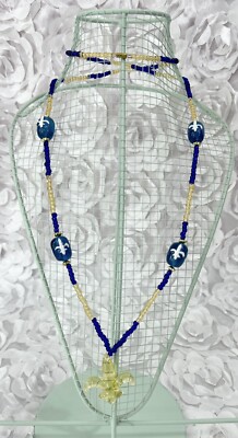 New Fleur De Lis Amber Glass Pendant with Blue And Gold Bead Necklace Mardi Gras