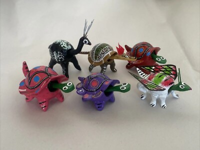 Set Of 6 Mexican Bobble Head Wood Animals Handmade And Painted