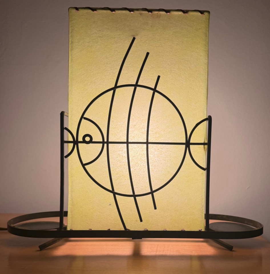 Vintage MCM Metal Wire Fish Lamp Fiberglass Shade Mid Century Modern 1950s Light