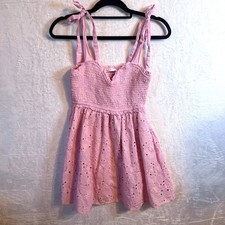 Altar State Pink Smocked Eyelet Mini Dress Tie Straps Sweetheart Neckline