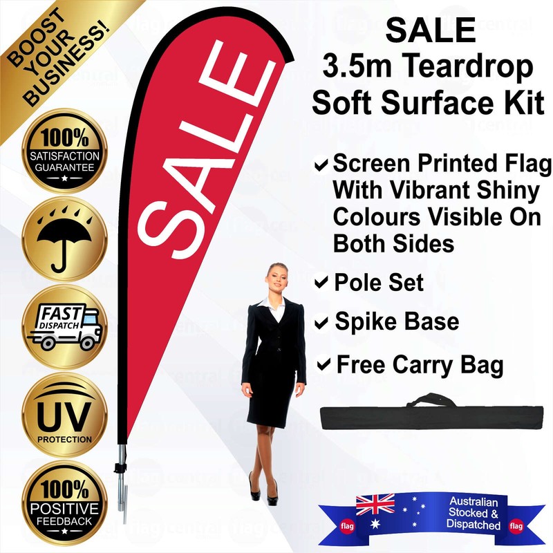 K - SALE Red 3.5m Teardrop Flag / Banner Kit with Pole Set, Galvanised Steel Ground Spike and a Free Carry Bag - 1