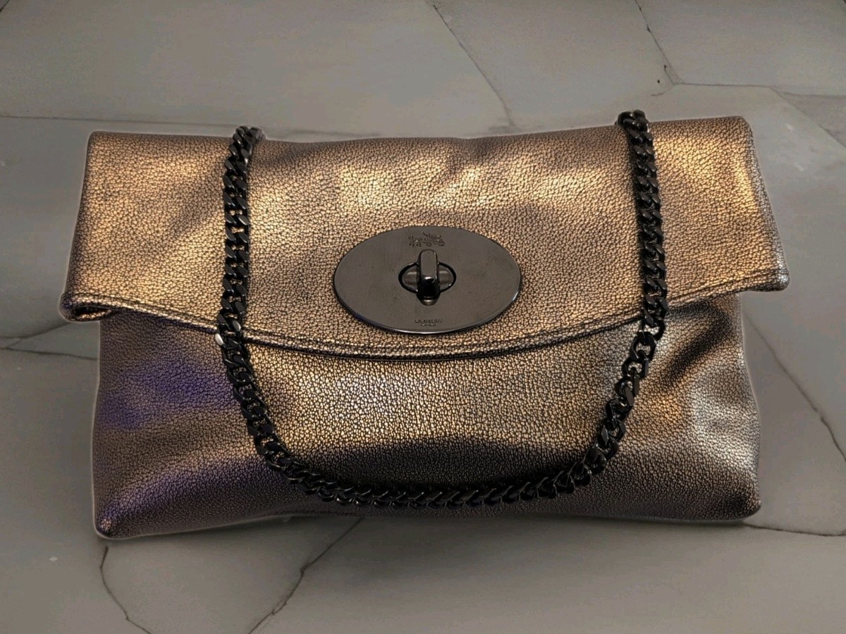 Coach Metallic Leather Turnlock Chain Clutch Shoulder Bag Gunmetal 