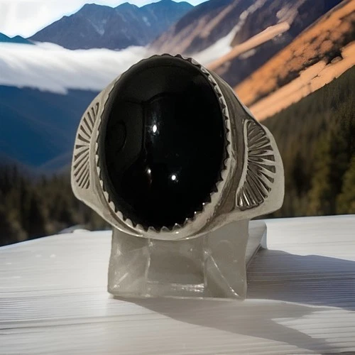 Vintage Navajo Natural Black Onyx Gemstone Sterling Silver Men's Ring Size 10