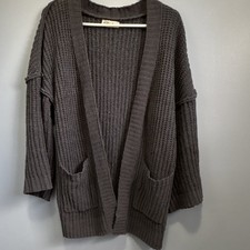new in Women's Gray Waffle-Knit Open Cardigan Sweater Pockets 3/4 sleeves