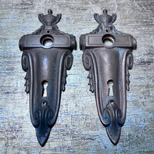 Pair Vintage Escutcheon Door Knob Plates Urn and Scroll Swag Design Solid Brass