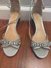 Jewel Badgley Mischka Giona Rhinestone Shoe Size 8 Silver Metallic Block Heel