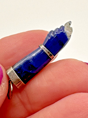 RARE Vintage Lapis Lazuli 925 Hand-Carved Figa Pendant Charm Blue/Crystal Tip