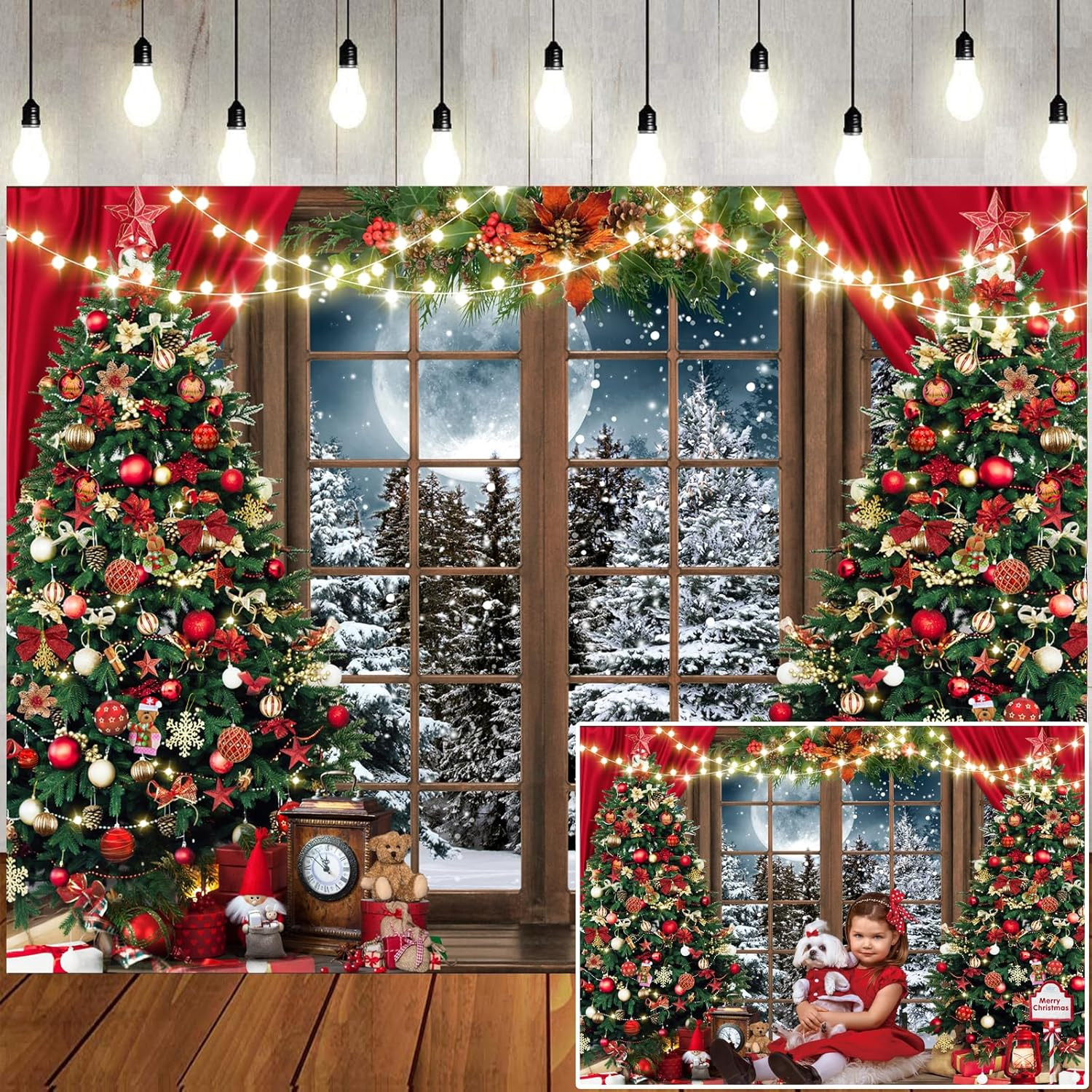 Christmas Window Photography Backdrop 7x5FT Rustic Winter Night Photo Prop