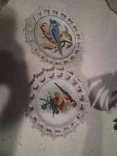 VNTG Milk Plate White Porcelain Finch and Blue Jay Hand Painted Norcrest