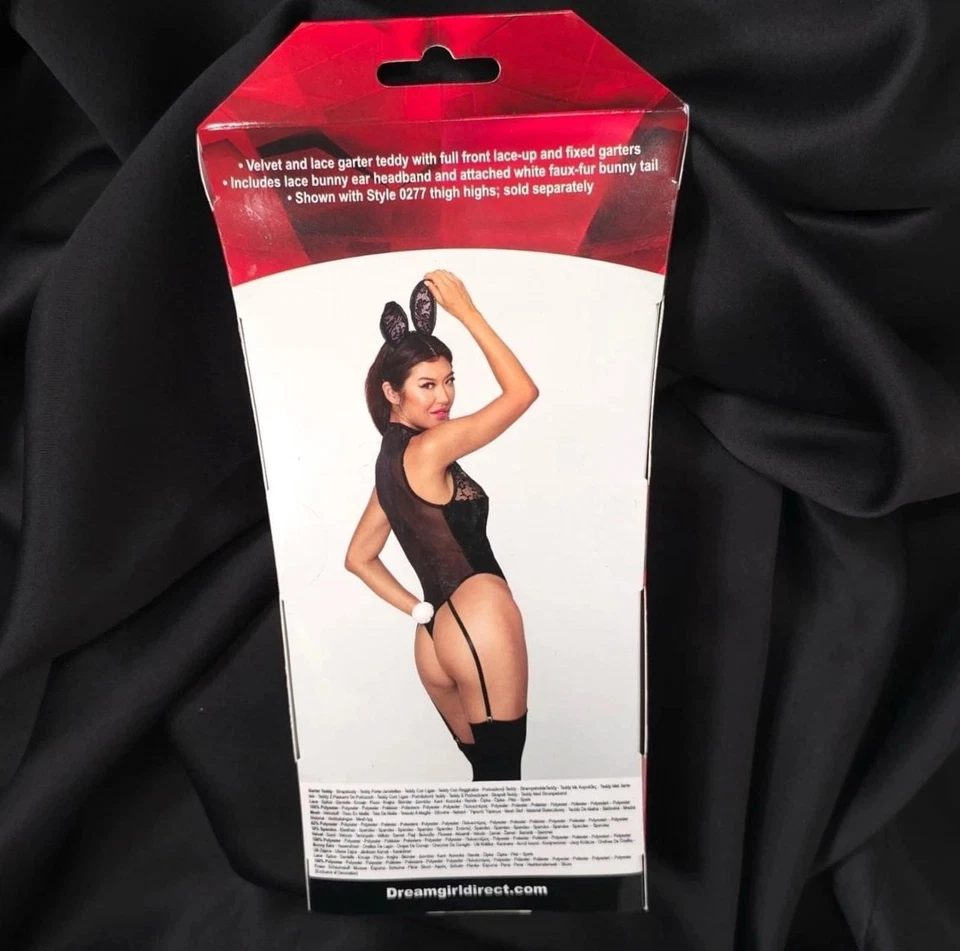 Dreamgirl Bunny Vixen Black Lace Velvet Teddy w/ Bunny Ears & Tail One Size - Image 4 of 4