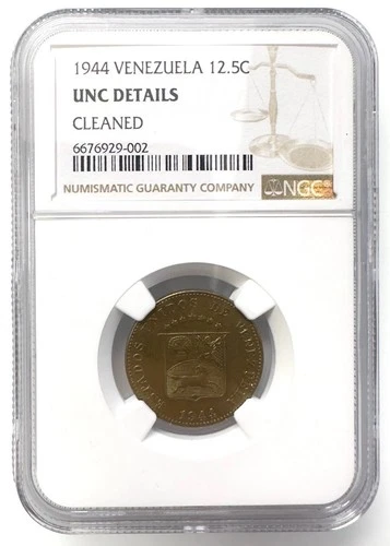 1944 Venezuela 12 1/2 Centimos "Locha" UNC DETAILS CLEANED NGC BRASS COIN WWII