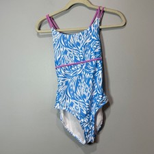 Spyder Girls Blue White Abstract Print One Piece Swimsuit Purple Straps L 12/14