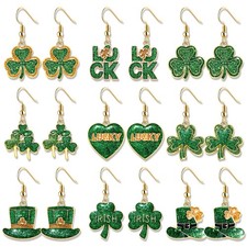 9/16 Pairs St.Patrick's Day Earrings for Women Glitter Enamel Shamrock Hat Earri