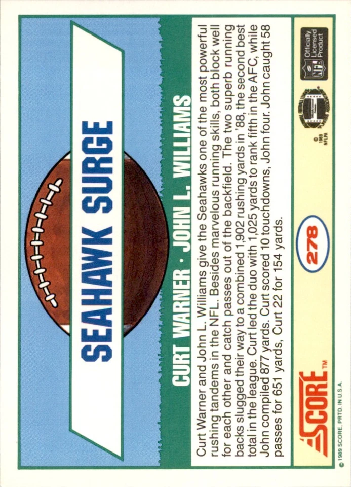 1989 SCORE CURT WARNER/JOHN WILLIAMS SEATTLE SEAHAWKS #278 - Image 2 of 2