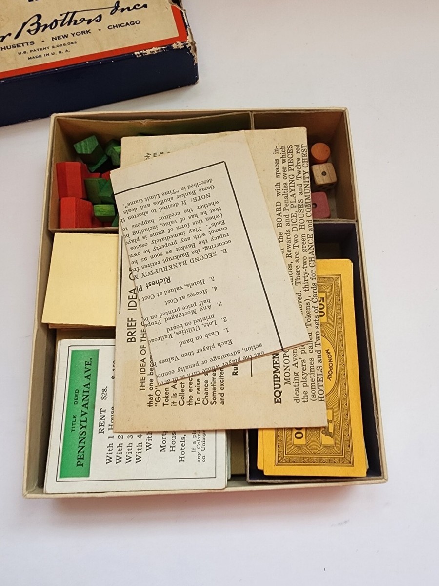Vintage 1936 Monopoly Game Parker Brothers Blue Red Box Wooden