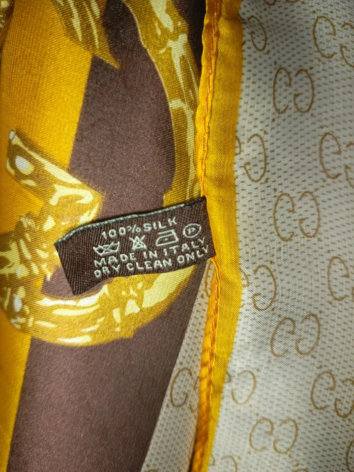 Gucci cream/beige 100% silk rectangle scarf wrap with brown and gold/yellow... - Image 3 of 4