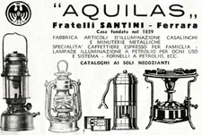 PUBBL.1940 AQUILAS FRATELLI SANTINI FERRARA CAFFETTIERE LAMPADE FORNELLI 