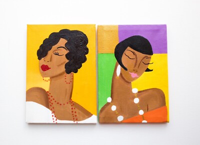  The Two Flappers  Art Deco Set of Two Mini Acrylic Original Paintings