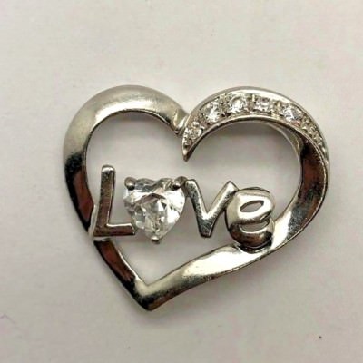 Elegant Sterling Silver 925 CZ Pave Elevated Love Phrase Halo Heart Pendant