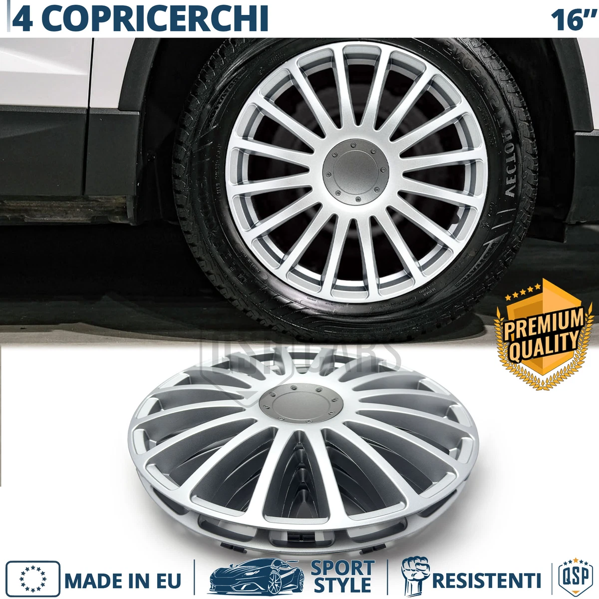 Tunershop 5698919-4 Copricerchi Universali Da 16 Pollici Per Cerchi In Acciaio, Colore Argento, Set Da 4 Pezzi