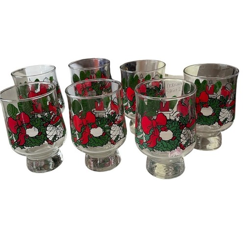 Christmas Low Ball 7 Thick footed Glasses Holly Red ribbon Wreath candles green