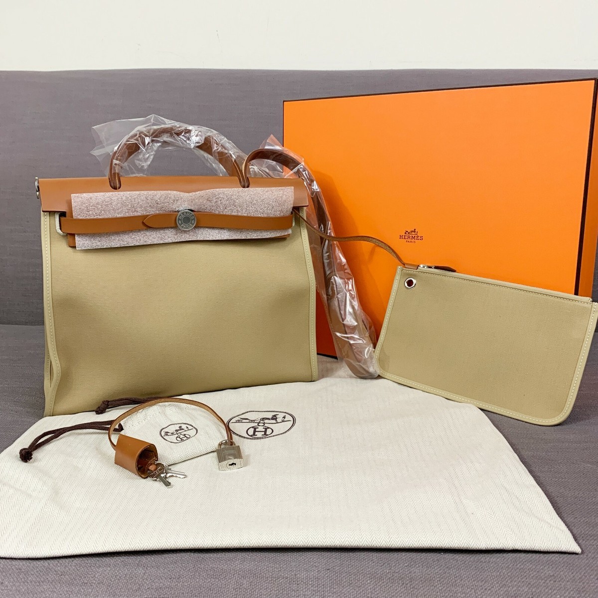 New HERMÈS Herbag Zip 31 bag Trench/Fauve Leather w/Canvas