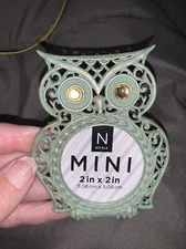 Distressed Green Metal Owl Mini Picture Photo Frame By Nicole 2” x 2” New