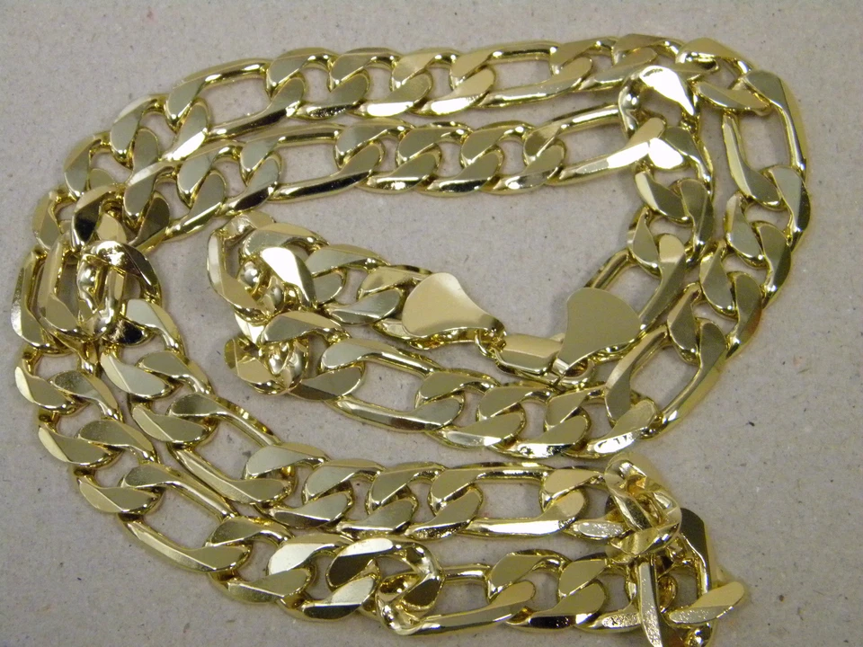 Мужская цепочка Figaro желтое золото серебро покрытием 30 дюймов длиной 13 мм шириной гладкий новый - Изображение 2 из 4