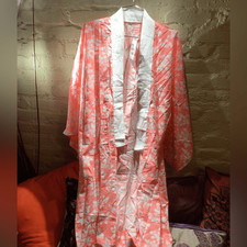 NEW Authentic Japanese Coral Floral Kimono Robe with White Trim
