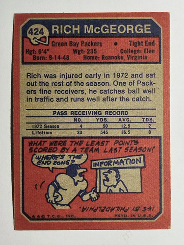 1973 Topps #424 Rich McGeorge (VGEX) - Picture 2 of 2