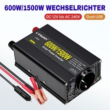 600W(1500WSpitze) Wechselrichter DC 12V auf AC 230V 2USB Spannungswandler Campen