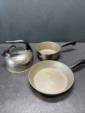 Vintage Kids Toy Cooking Tea Kettle/Pans/Lid Stainless Copper Bottom 4 Pc Set