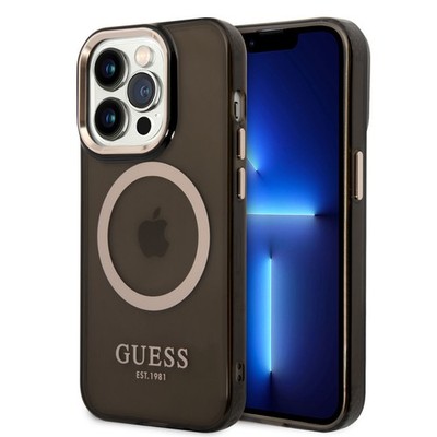 Guess Hülle für iPhone 14 Pro Hülle hard Case Gold Outline Translucent MagSafe