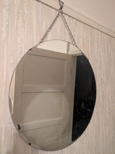 Vintage 1930s Round Mirror Art Deco Frameless Wall Hanging Chain Oak Back 