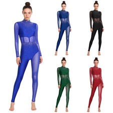 US Womens Long Sleeve Dance Unitard Ballet Full Body Leotard Performance Costume